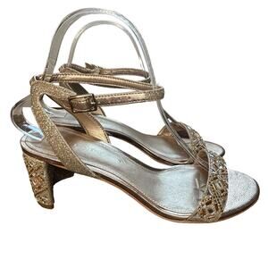 Pelle Moda Gold Glitter & Rhinestone Embellished Block Heel Sandal - size 7.5M